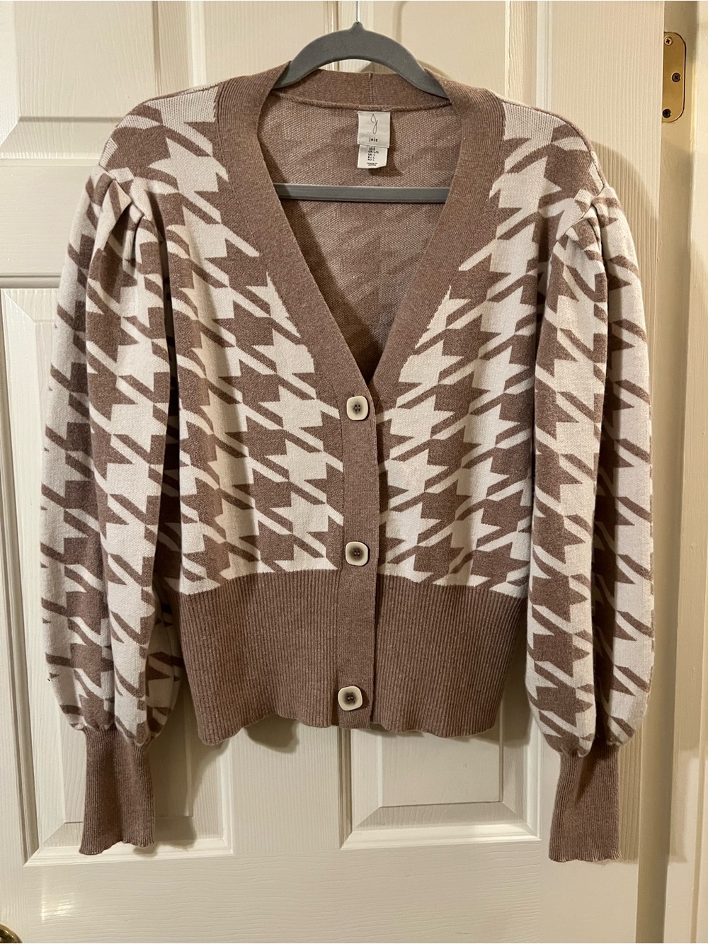 Like New Joie Taupe and White Houndstooth V Neck Puff Sleeve Cardigan Sz Large